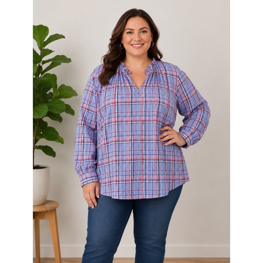 SALE Talbots Plaid Blouse Womens 2X Purple Pink Ruffle V-Neck Cotton Top